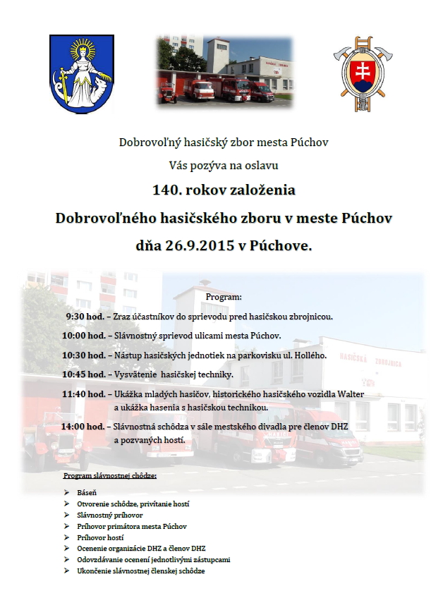 Pozvánka na oslavu 140. rokov založenia DHZ Púchov
